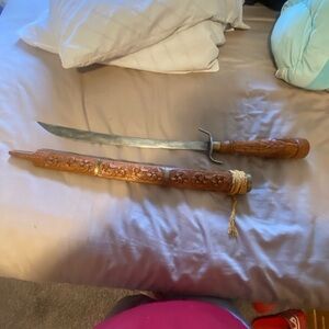 Decorative Carved Wood Scabbard Sword — Brown